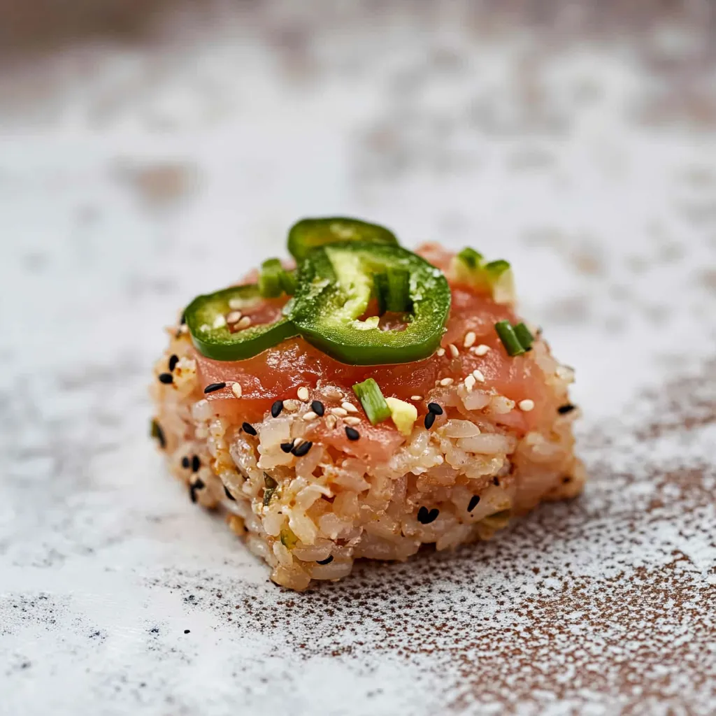 A small piece of food with green peppers on top.