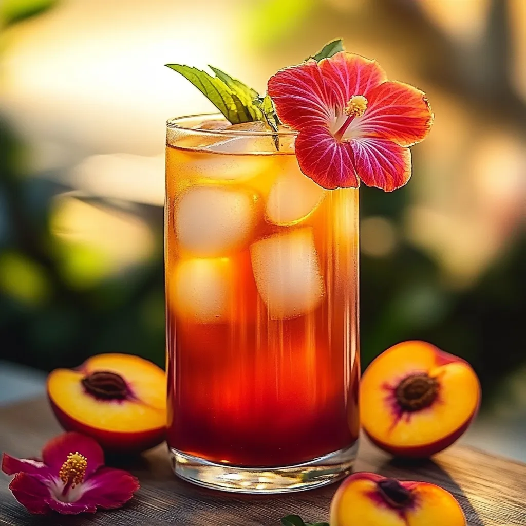 A glass of iced tea with a flower garnish.