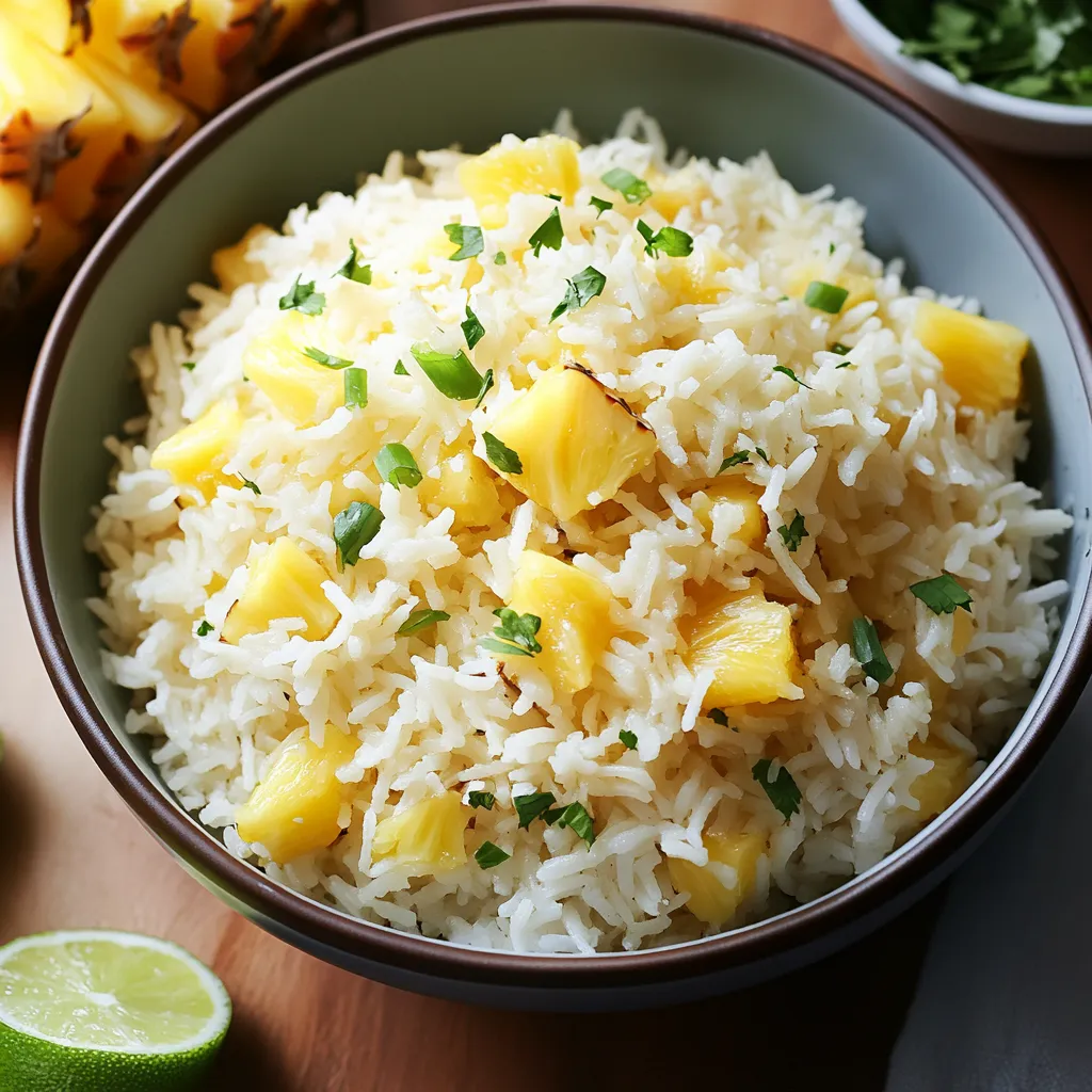 A bowl of rice with pineapple and green onions.