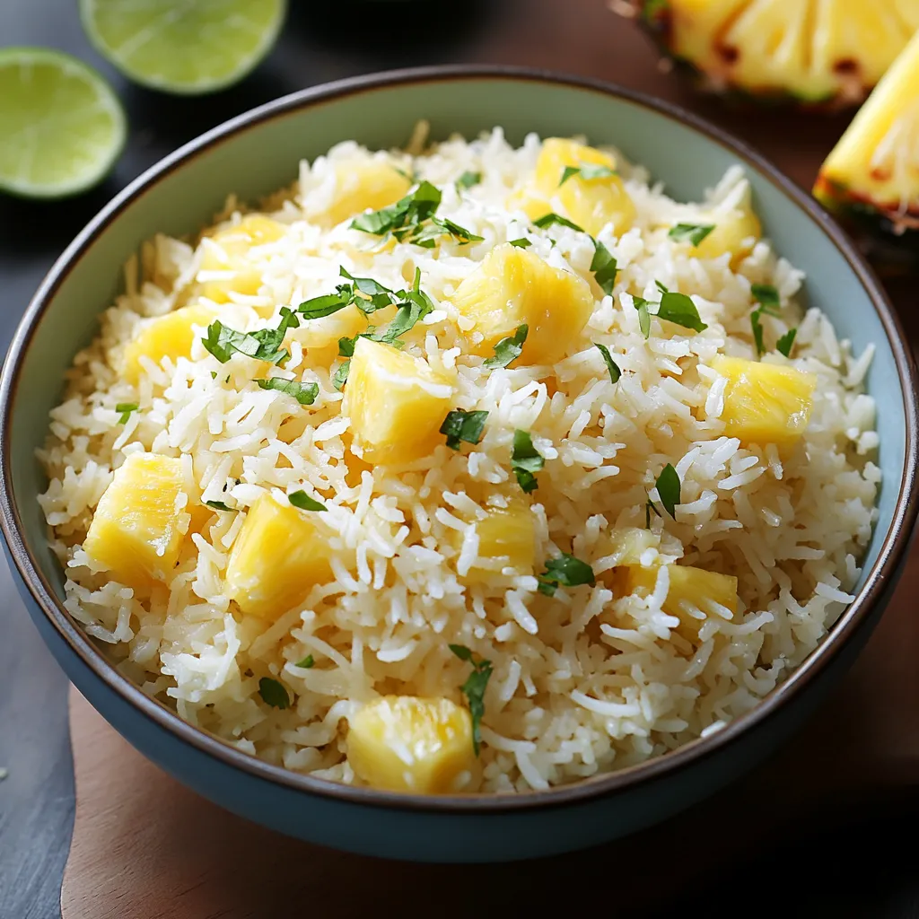 A bowl of rice with pineapple chunks.