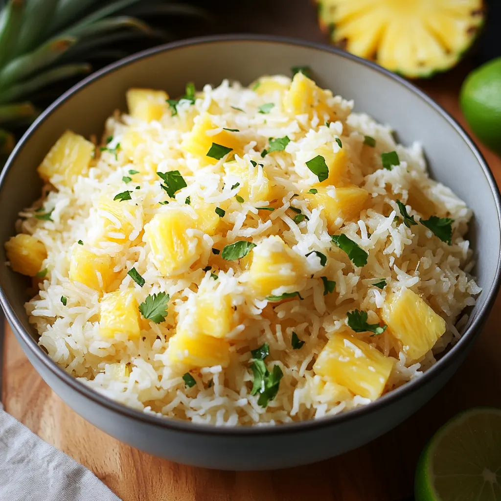 A bowl of rice with pineapple and green onions.