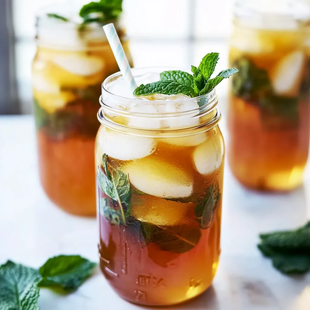 A glass of tea with mint leaves in it.