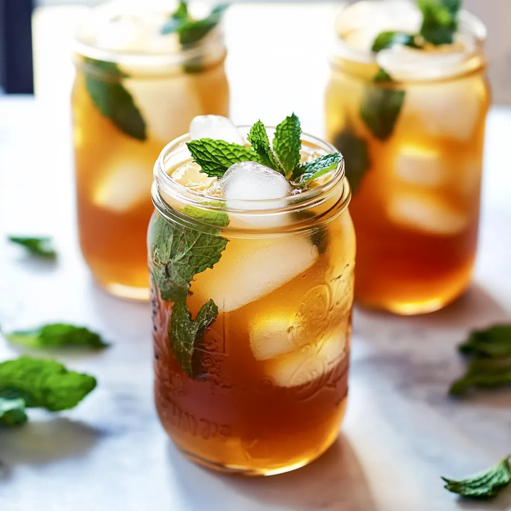Three jars of iced tea with mint leaves.