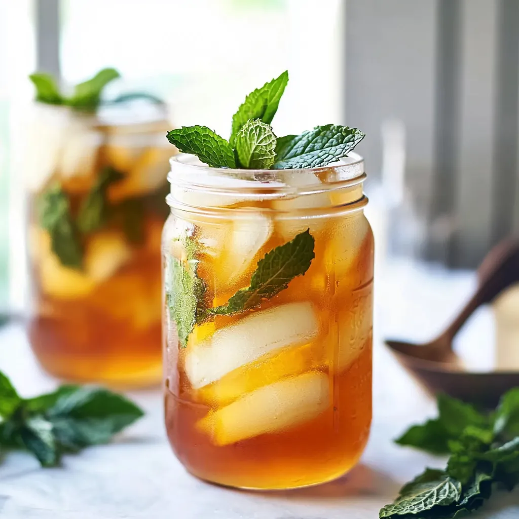 Two jars of iced tea with mint leaves.