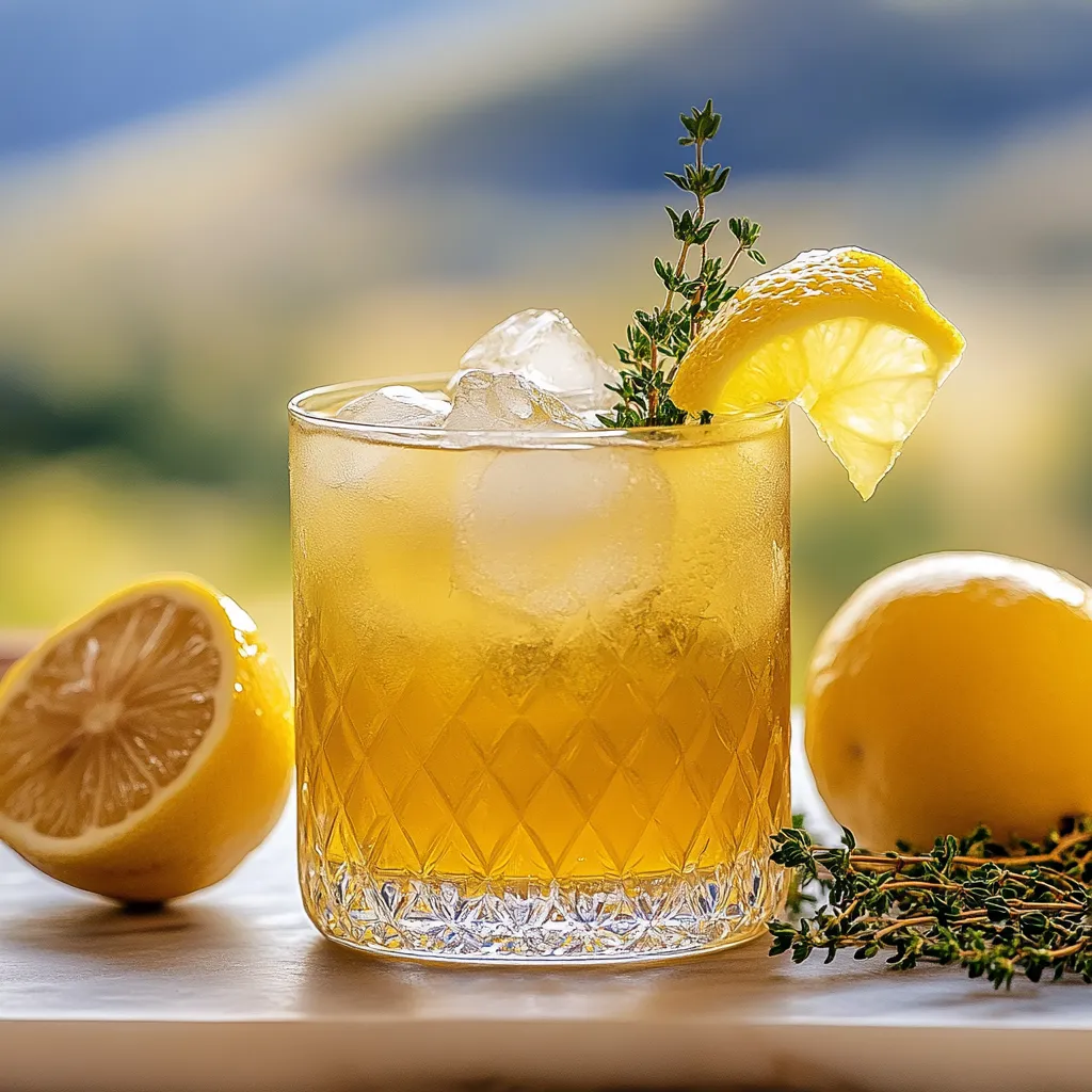 A glass of lemonade with a lemon and a sprig of mint.
