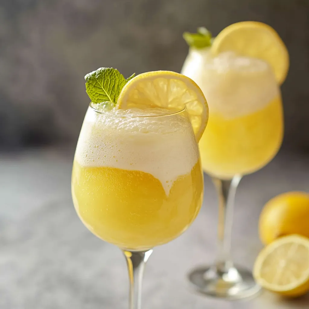 Two glasses of lemonade with lemon slices in them.