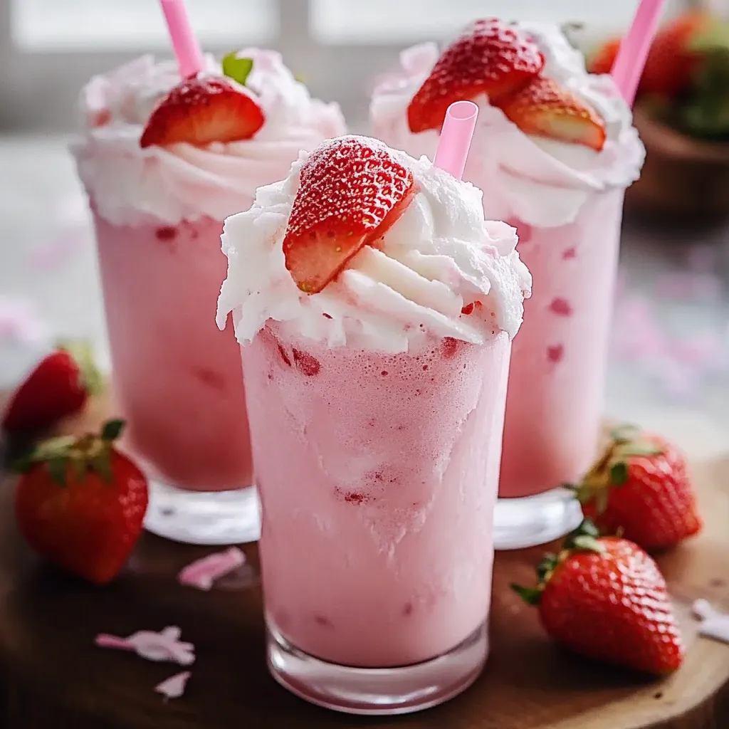 Three glasses of pink strawberry milkshakes.