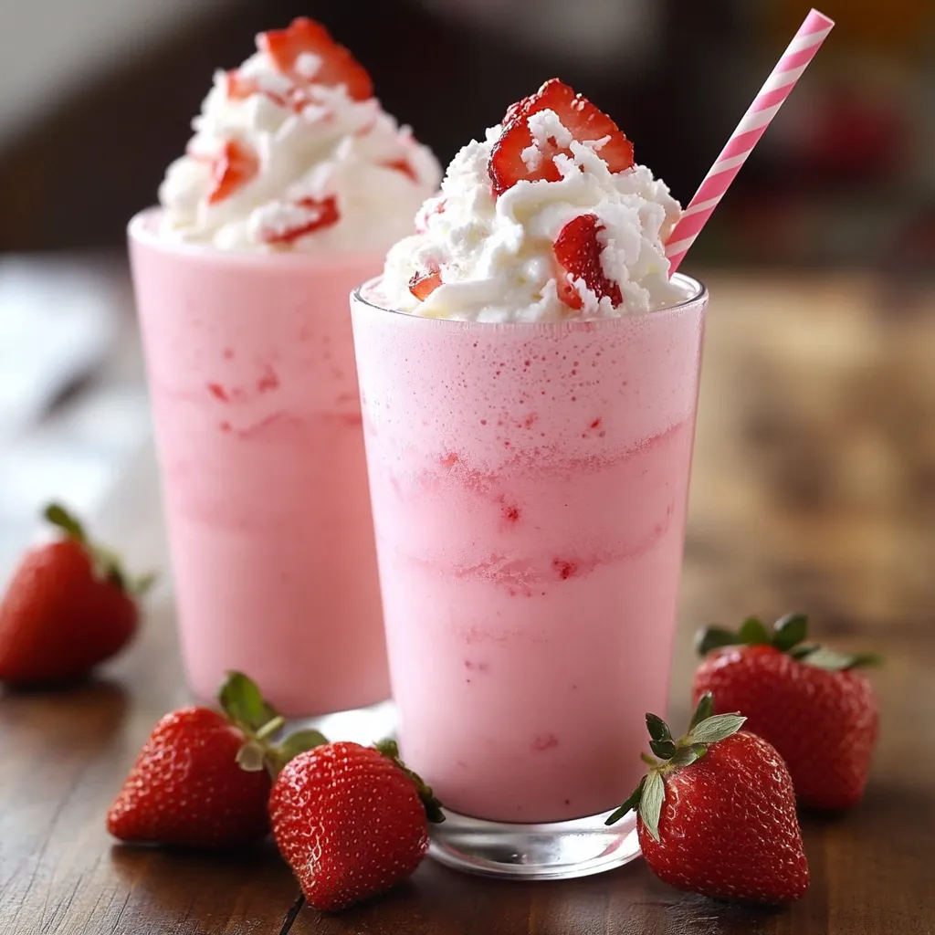 Two pink drinks with strawberries on a table.