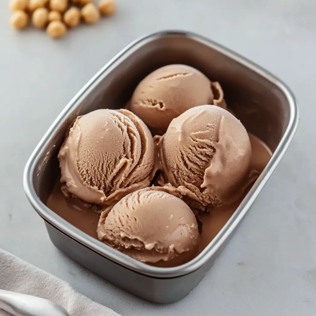 A container of ice cream with chocolate sauce.