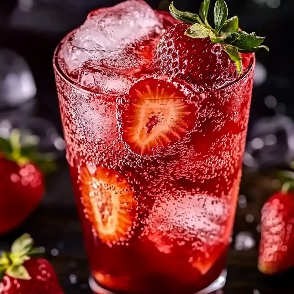 A glass of red drink with strawberries in it.