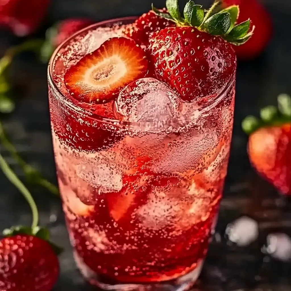 A glass of red drink with strawberries.