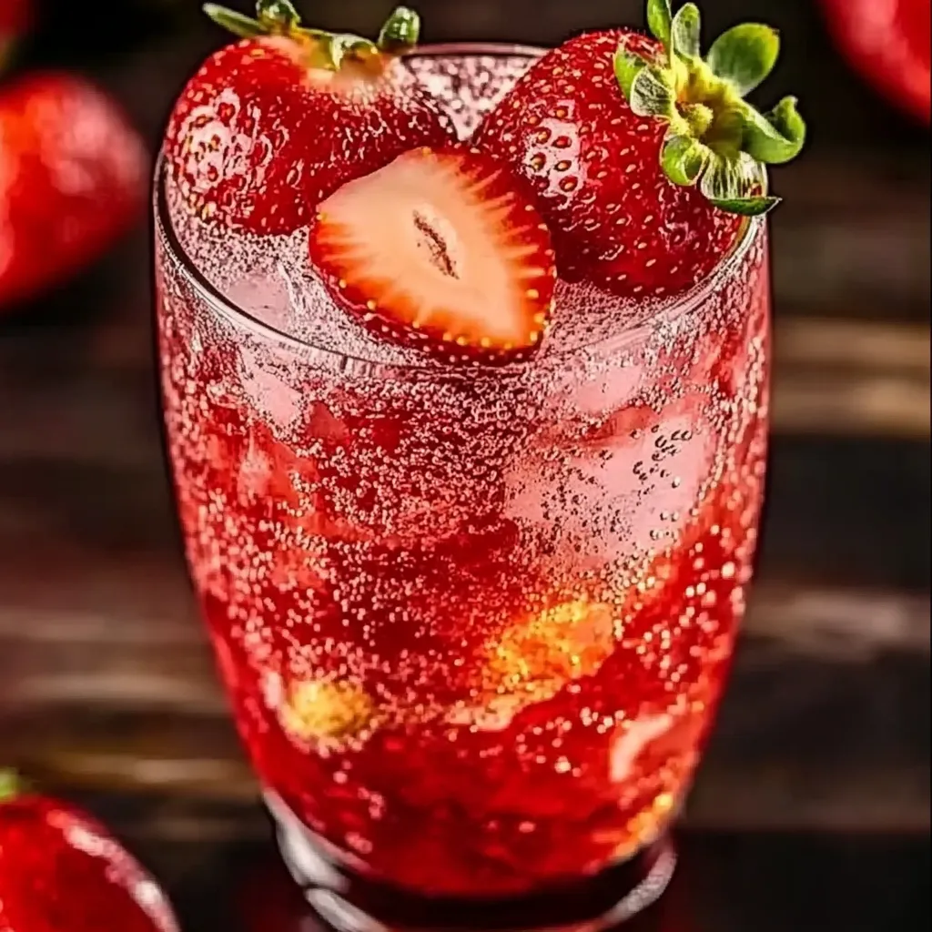 A glass of red juice with strawberries in it.