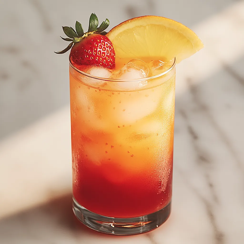 A glass of orange juice with a strawberry on top.