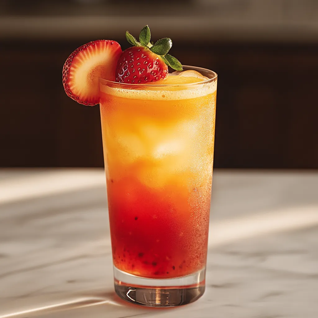 A glass of orange juice with strawberries on top.