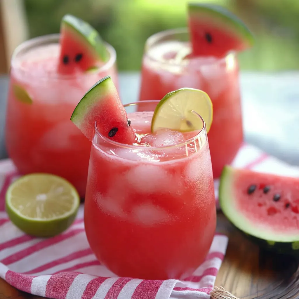 Three glasses of watermelon juice with slices of watermelon in them.
