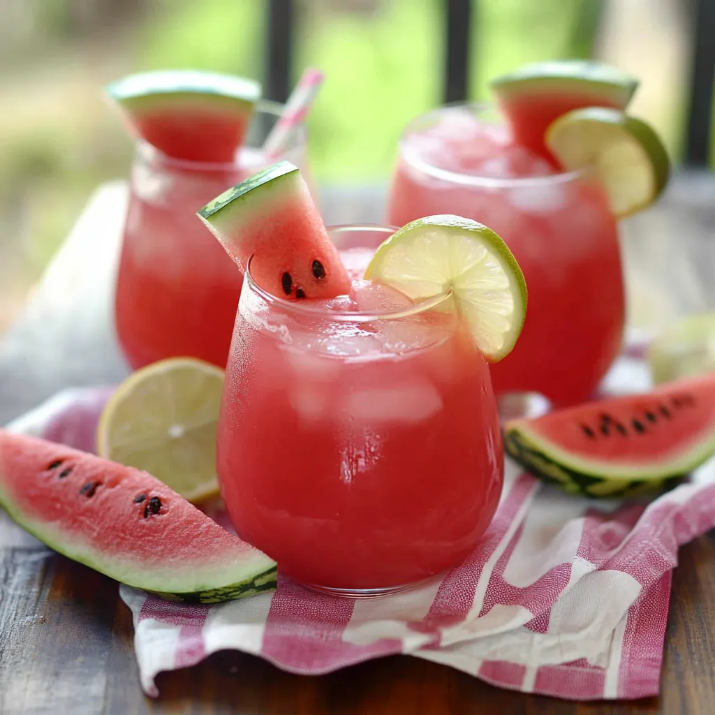 Three glasses of watermelon juice with a slice of watermelon in each glass.