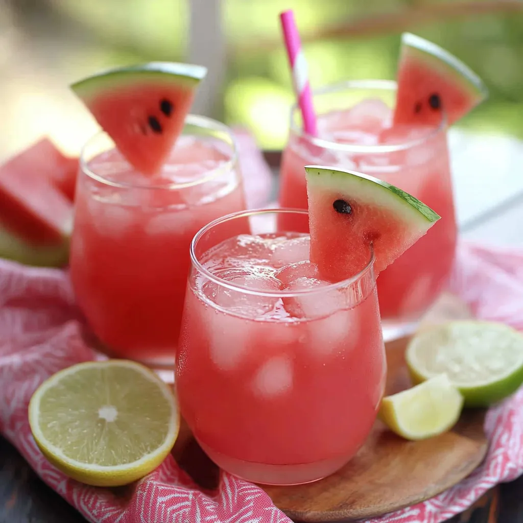 Three glasses of pink drink with slices of watermelon in them.