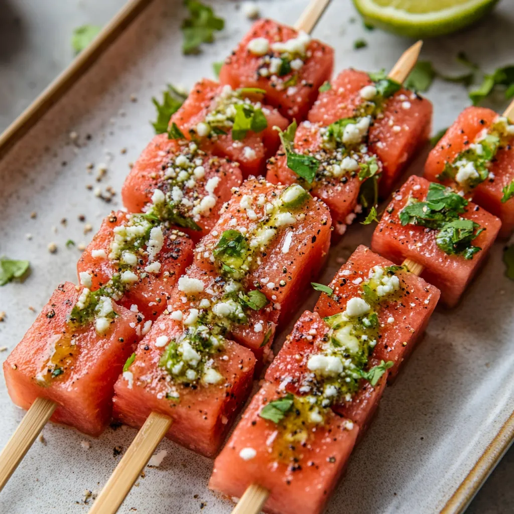 A plate of food with a lime wedge and a skewer of watermelon.