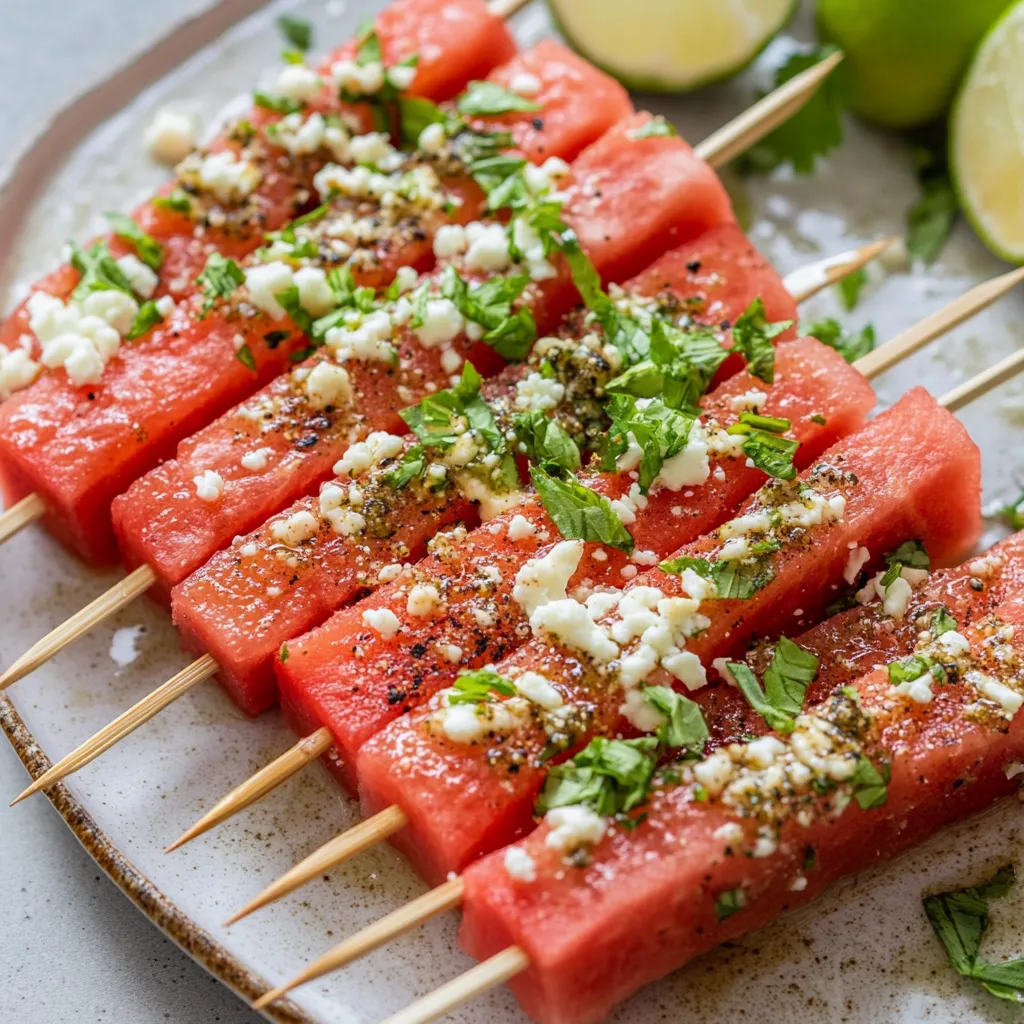 A plate of watermelon slices on a stick.
