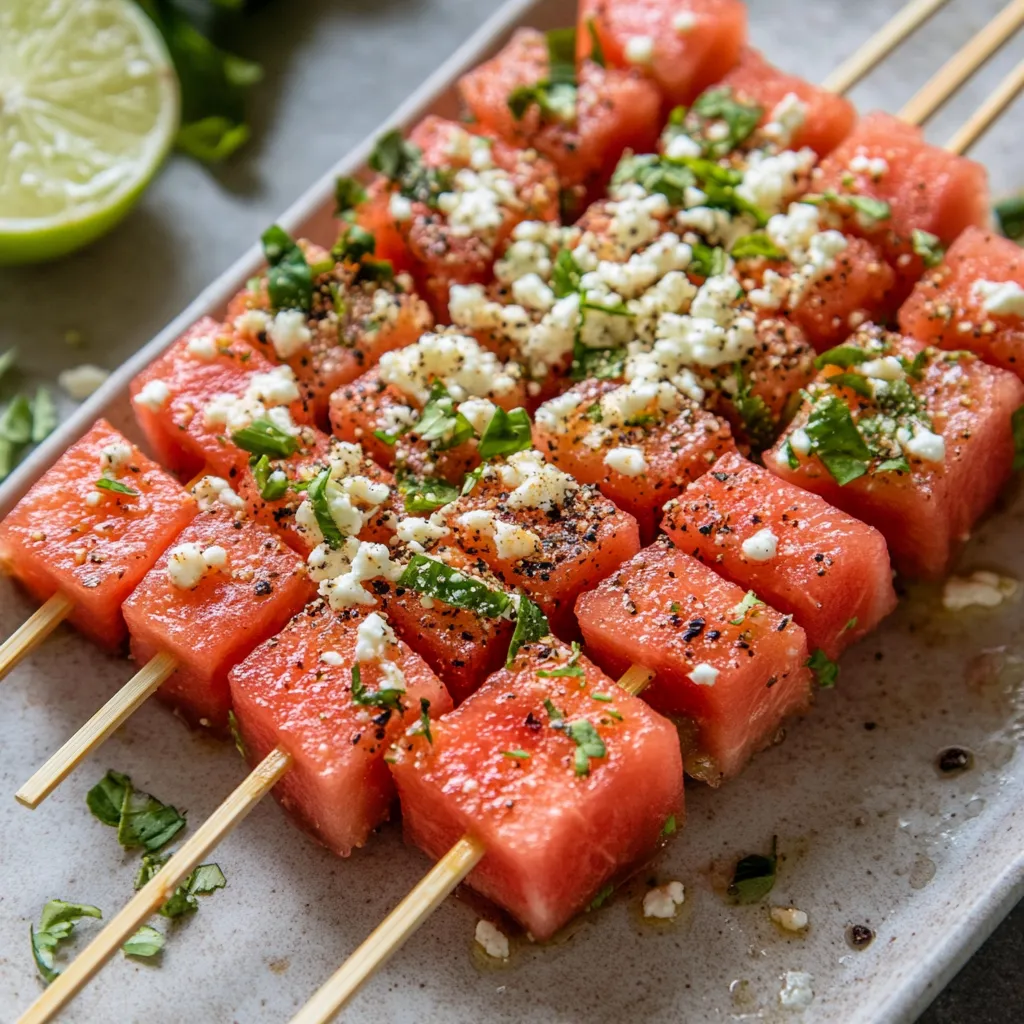 A plate of fruit skewers with watermelon, lime, and feta cheese.