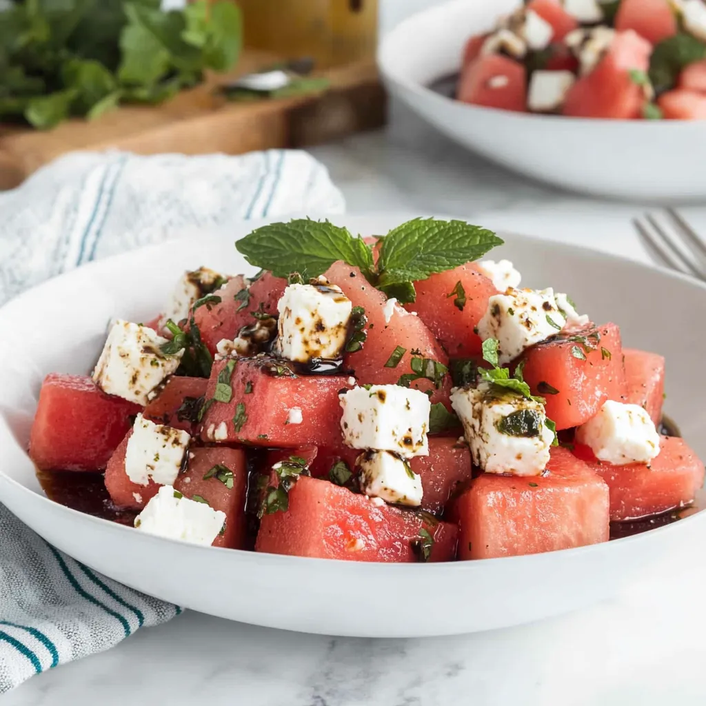 A white bowl filled with sliced watermelon and feta cheese.