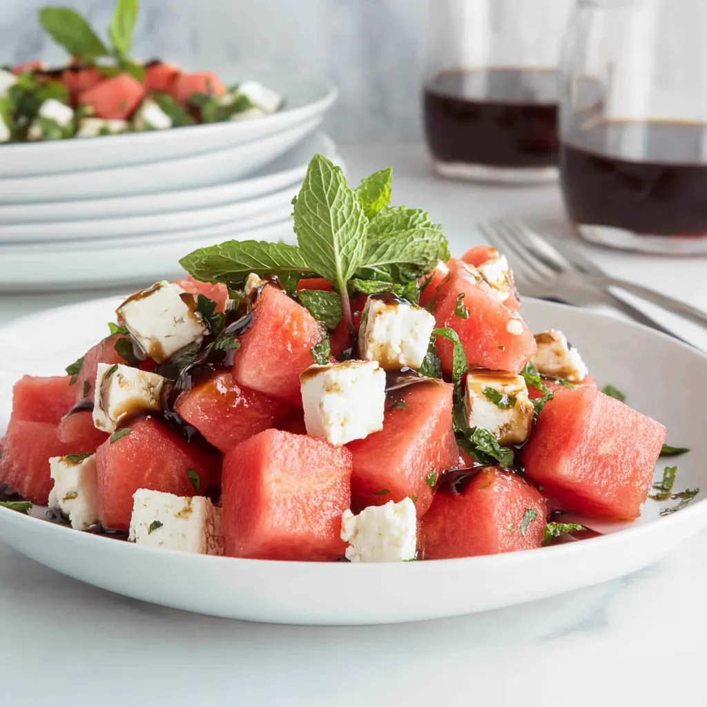 A white plate with a salad of watermelon, feta cheese, and mint.