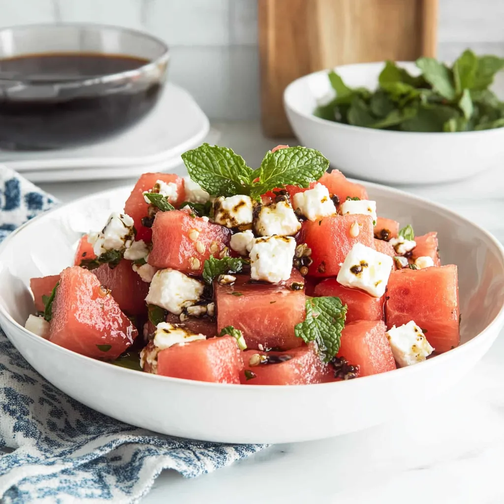 A white bowl filled with watermelon and feta cheese.