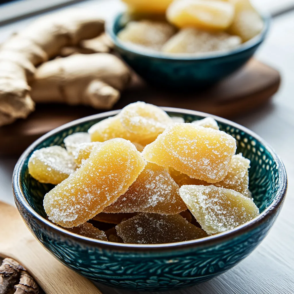A bowl of candied ginger sits on a table.