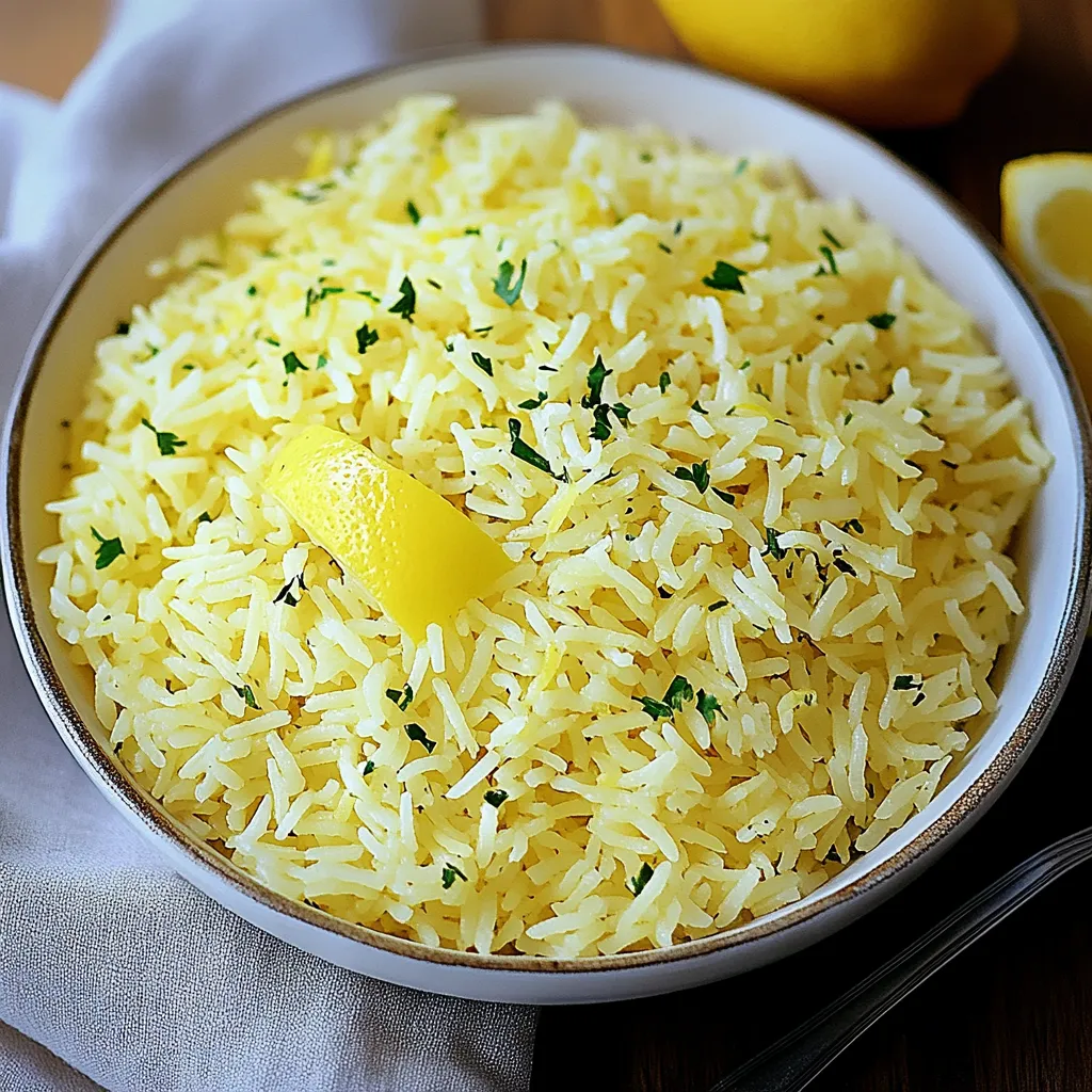 A bowl of rice with a lemon wedge on top.
