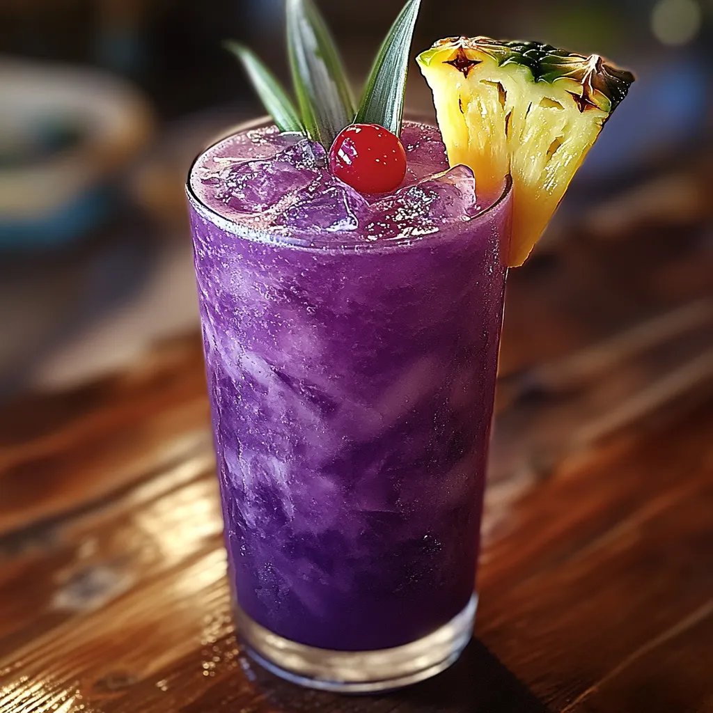 A purple drink with a pineapple wedge on top.