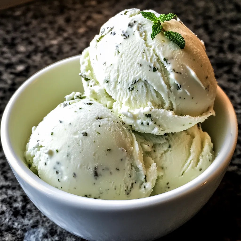 A bowl of ice cream with mint on top.
