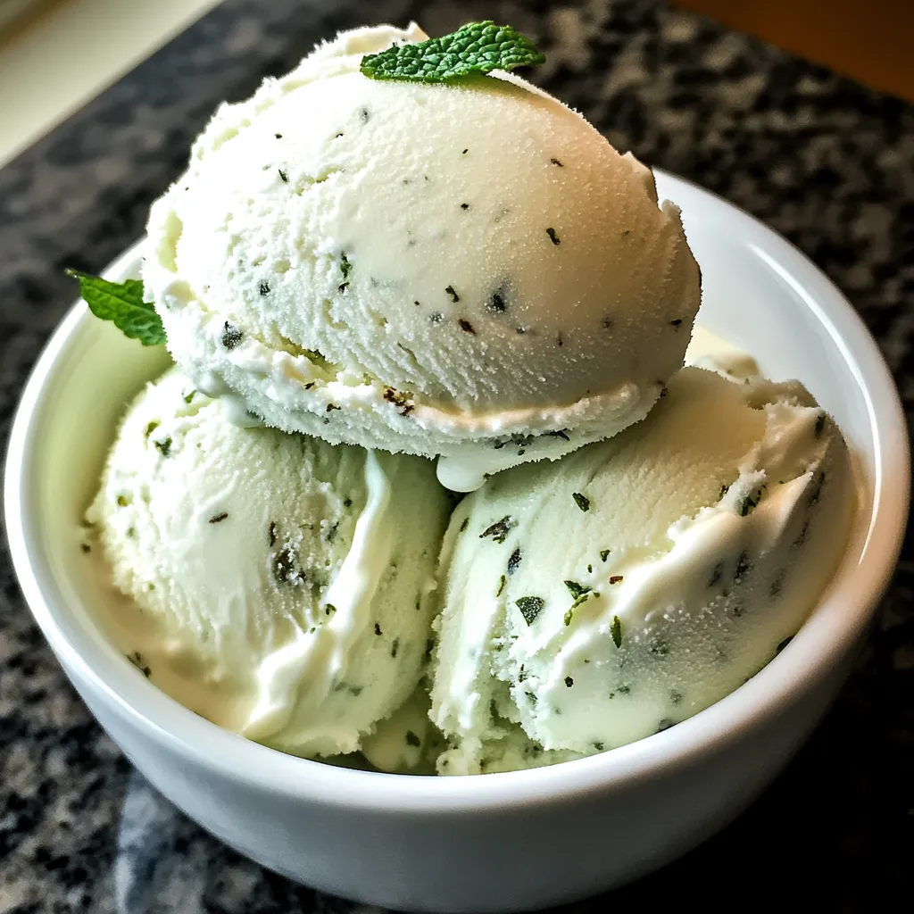 A bowl of ice cream with mint leaves on top.