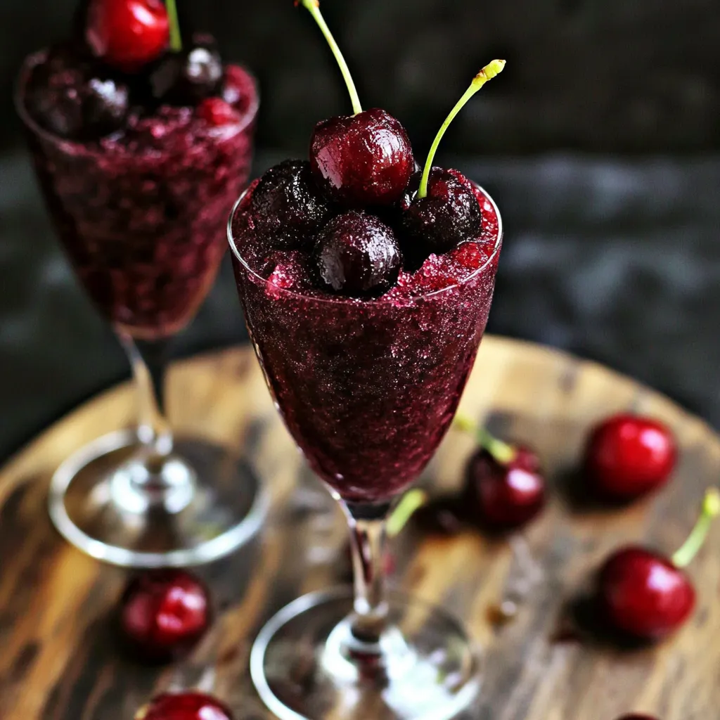 Two glasses of cherry juice on a table.