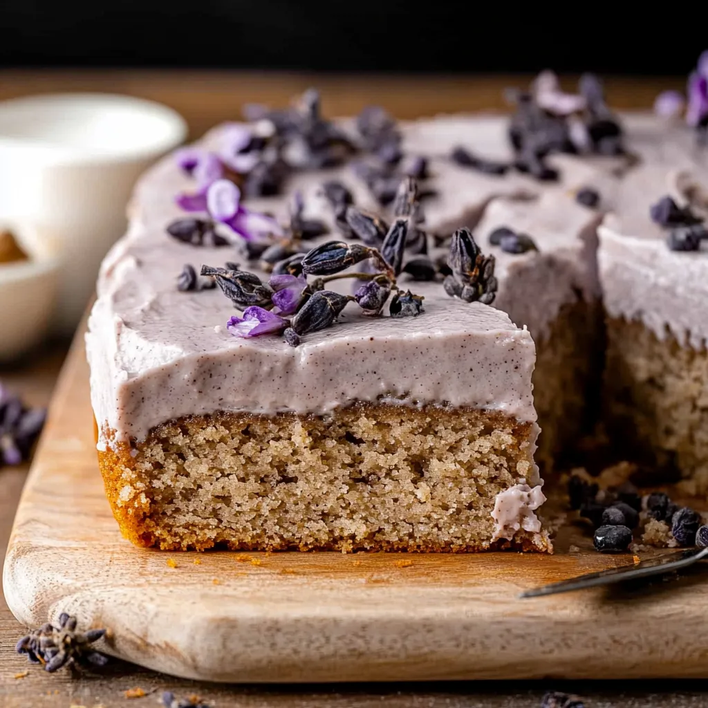 A slice of cake with purple flowers on top.