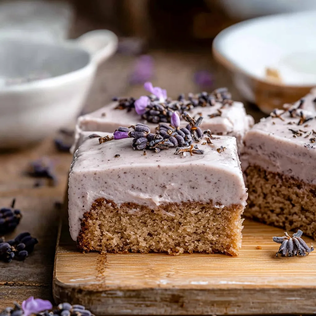 A slice of cake with lavender on top.