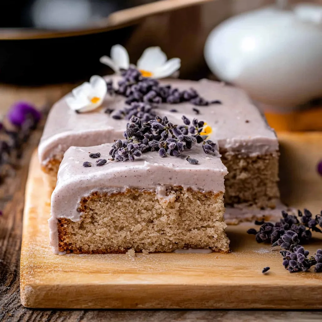 A slice of cake with lavender on top.