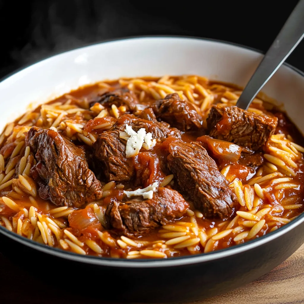 A bowl of beef stew with a spoon in it.