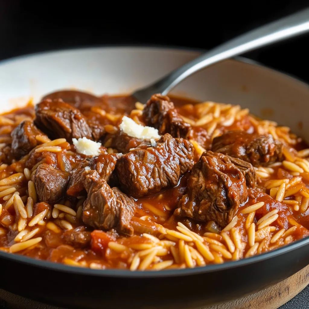 A bowl of meat and pasta.