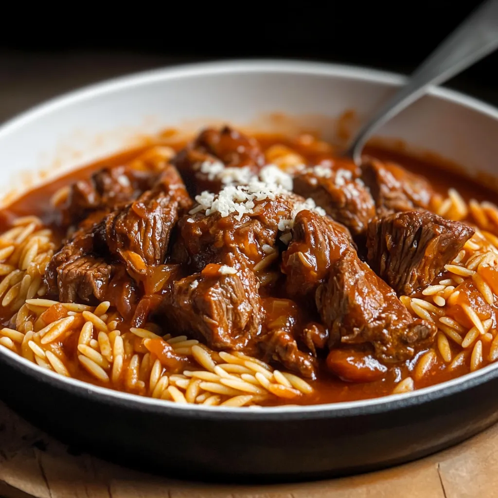 A bowl of beef stew with a spoon in it.