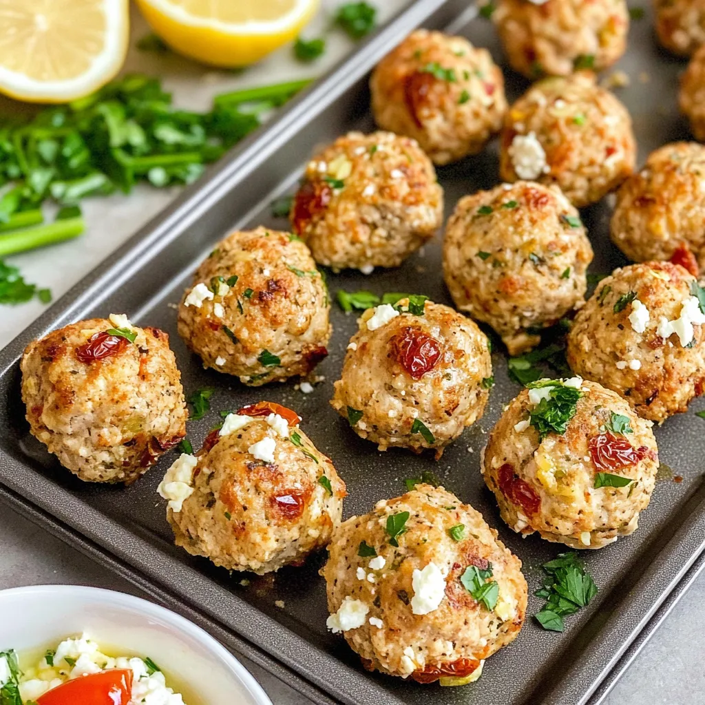 A tray of meatballs with cheese and herbs.