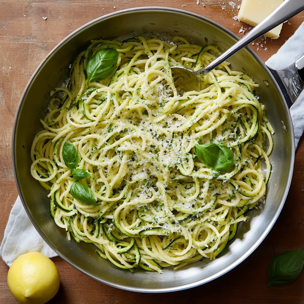 A bowl of pasta with zucchini and cheese.