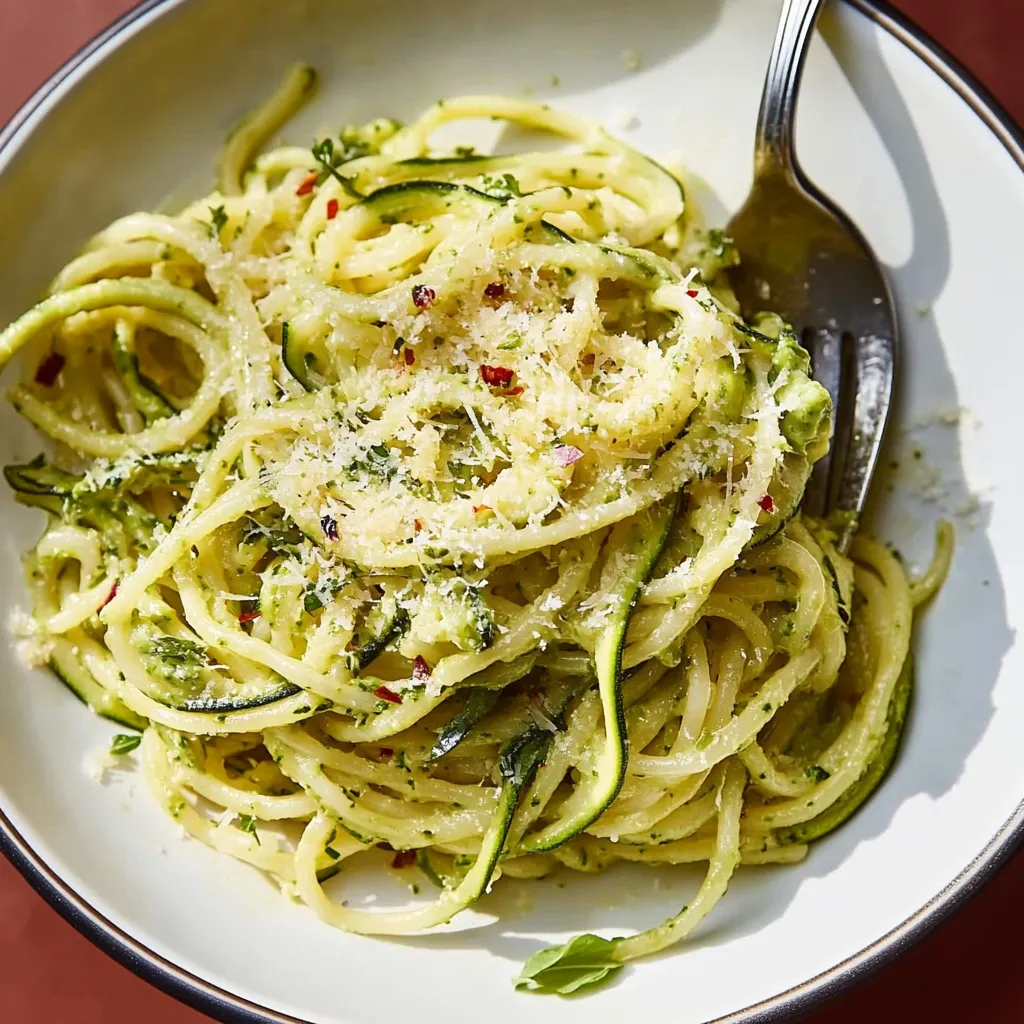 A bowl of pasta with zucchini and cheese.