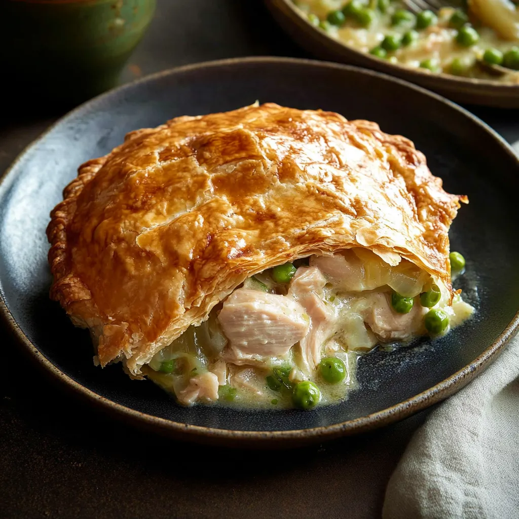 A plate of food with a pastry and peas.