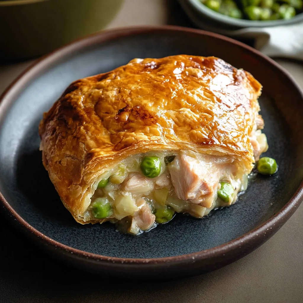 A pastry with peas and chicken on a plate.