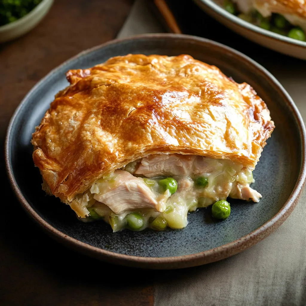 A pie with chicken and peas on a plate.