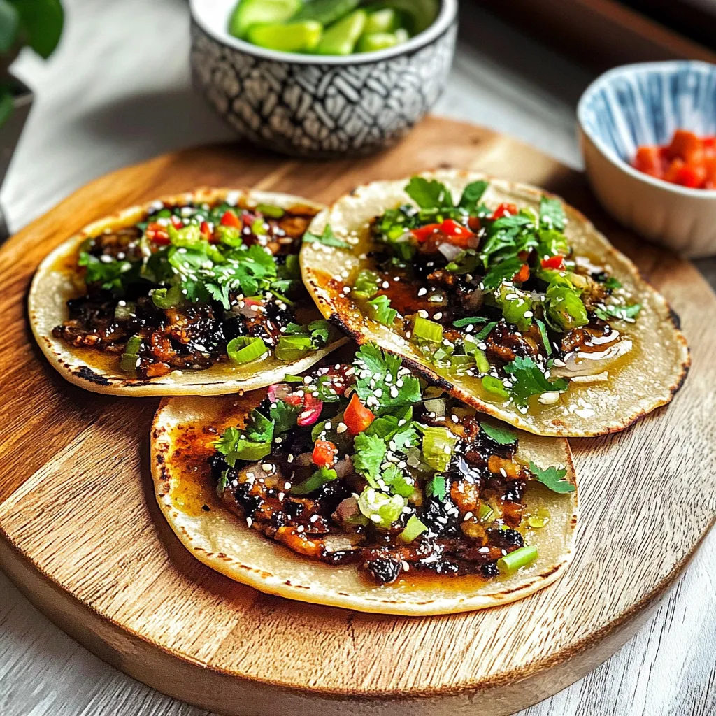 Three tacos with meat and vegetables on a wooden platter.