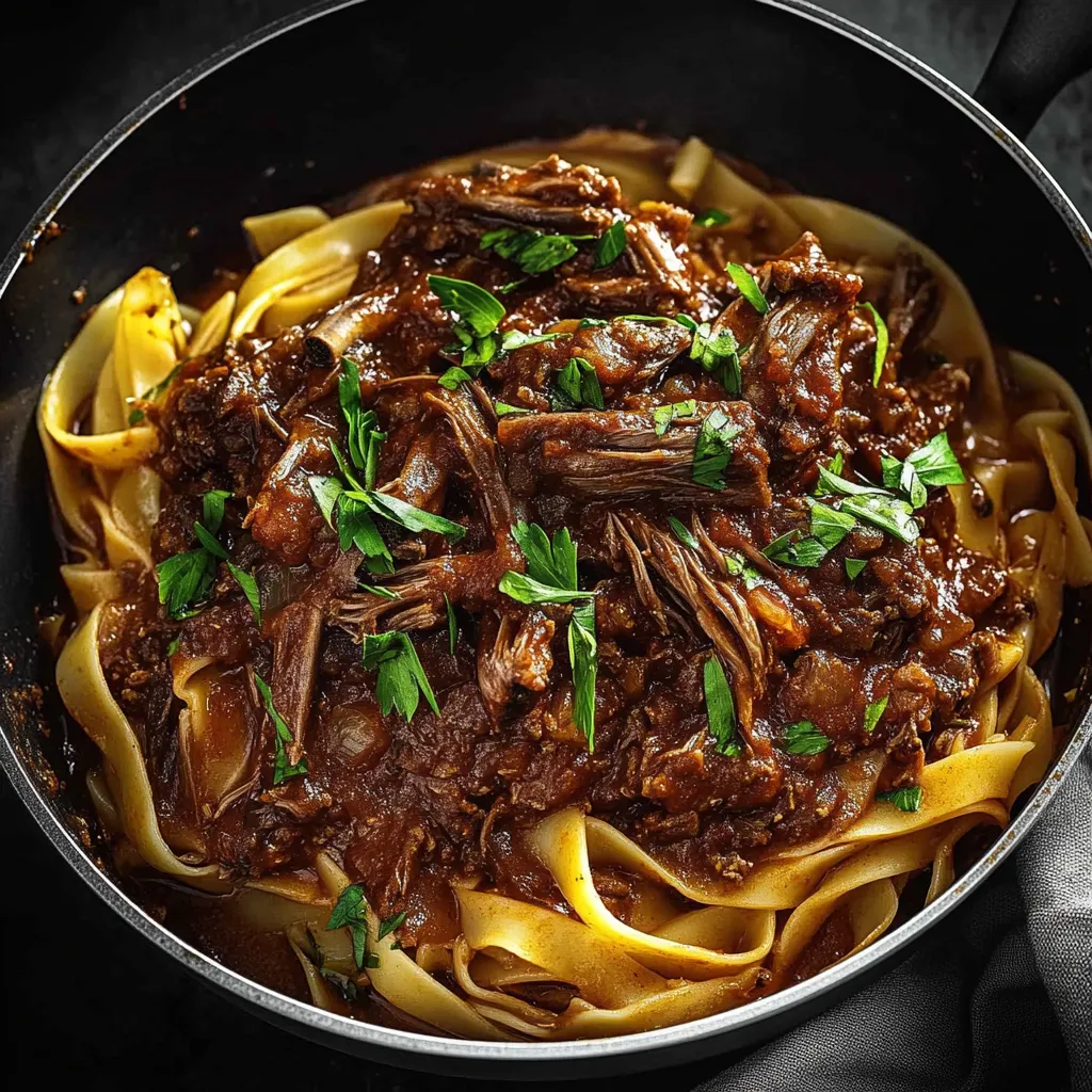 A bowl of pasta with meat and sauce.