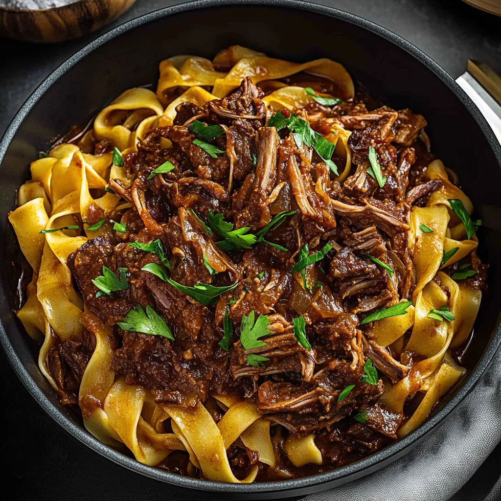 A bowl of pasta with meat and sauce.