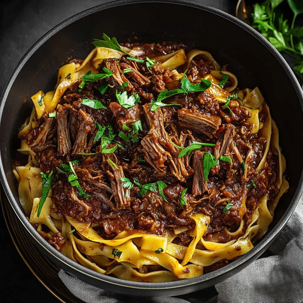 A bowl of pasta with meat and sauce.