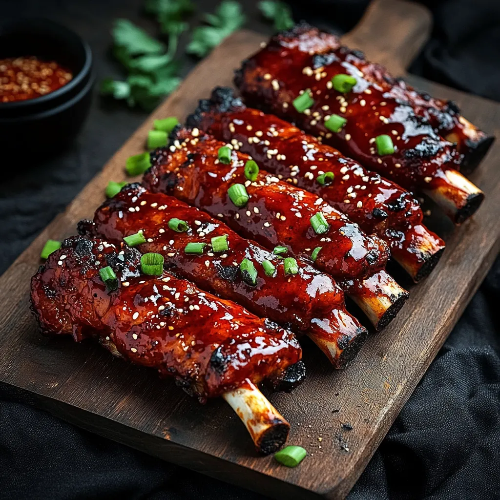 A wooden platter with BBQ ribs and a bowl of sauce.